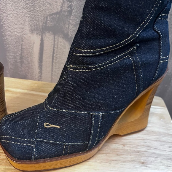 Vintage Splash Patchwork Denim Platform Wedge Boots. Y2K Statement.  Size 7 - Picture 6 of 14